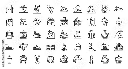 Winter Resort Vector Icon Set | Skiing, snowboarding, mountains, cabin, fireplace, hot tub, sled, snowmobile, winter clothing icons