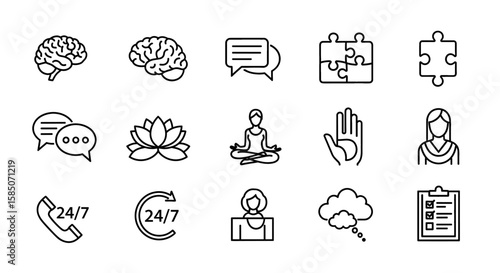 Mental Health Vector Icon Set | Brain, chat, puzzle, yoga, support, help, therapy, empathy, meditate, checklist, advice, care icons