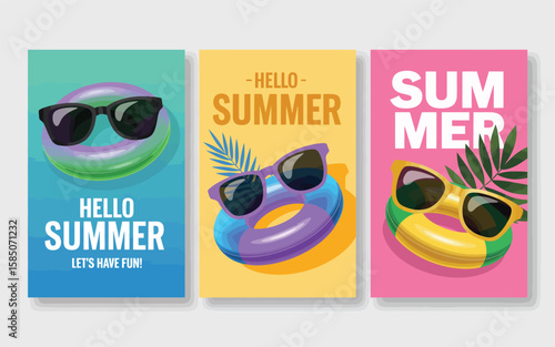 Trio of summer posters featuring inflatable rings with sunglasses and tropical accents on colorful backgrounds, symbolizing fun, vacation, and beach vibes