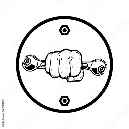A strong hand firmly grips a wrench, symbolizing repair and mechanics.