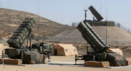 Wide Close-Up of Dual Patriot Missile Systems with Full Coverage on Arid Terrain and Rocky Slope