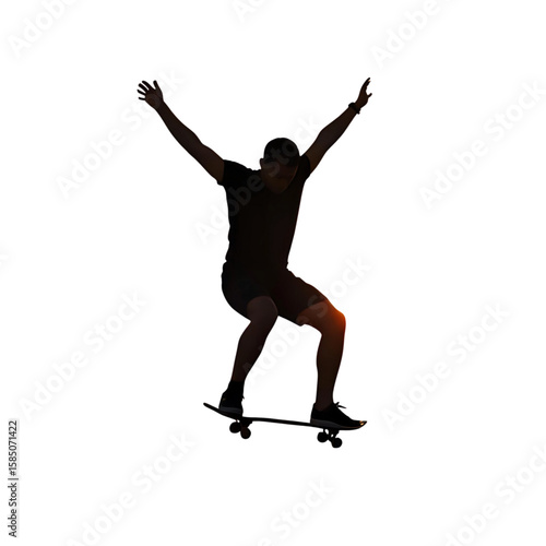 Silhouette of a skateboarder joyfully airborne, arms outstretched in mid-air, showcasing dynamic movement and freedom.