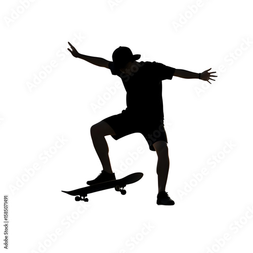 Silhouette of a skateboarder performing a trick, arms outstretched, showcasing balance and skill.