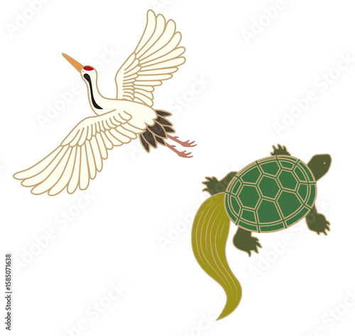 鶴と亀の和柄イラスト 