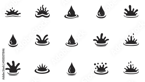 Water drops and splashes liquid motion icons ripple