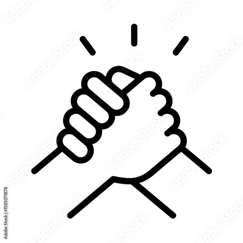 Simple line art illustration of two hands clasped together in a strong handshake.