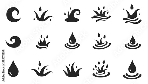 Water drops splashes waves and swirls icons vector