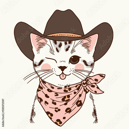 A cartoon cat wearing cowboy hat and pink bandana winks at the. Cute Clipart Vector Illustration Line Art Illustration. Funny feline in western headwear gives blink toward the.