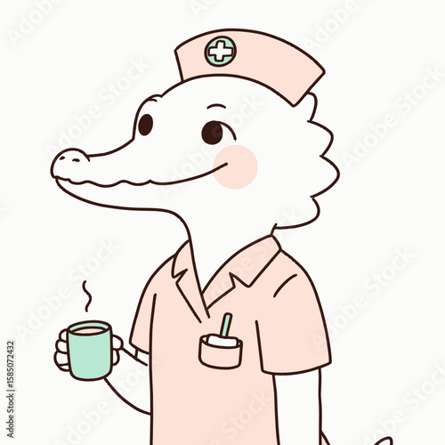 A cartoon crocodile wearing nurse hat and scrubs is holding coffee. Cute Clipart Vector Illustration Line Art Illustration. Comic alligator in medic headgear plus uniform enjoys hot beverage.