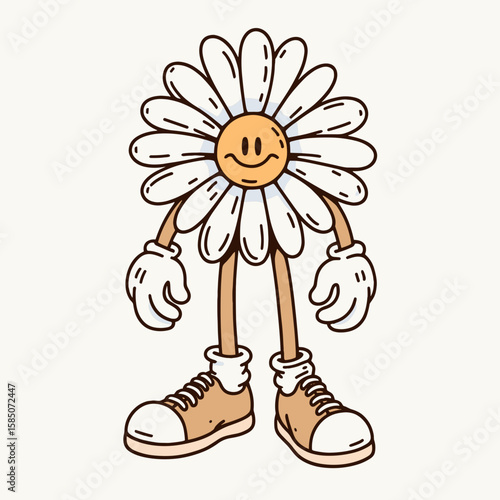 A cartoon daisy with smiley face wearing. Cute Clipart Vector Illustration Line Art Illustration. floral image happy blossom smiling visage having apparel.