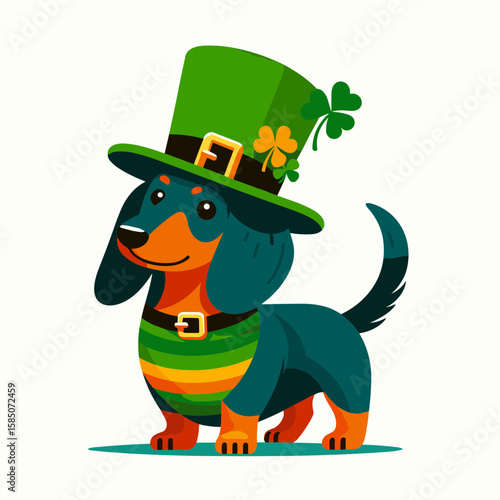 A cartoon dachshund dog wearing green top hat with gold buckle and. Cute Clipart Vector Illustration Line Art Illustration. Comical badger canine in cheery headgear golden fastener and.