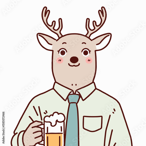 A cartoon deer wearing an opencollared shirt and tie is holding beer mug in one. Cute Clipart Vector Illustration Line Art Illustration. Comical stag casual neckwear having drink pint paw.