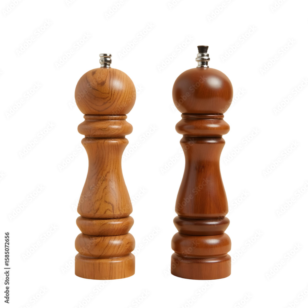 Two Wooden Salt and Pepper Grinders Light and Dark Brown Wood Grain Detail Isolated on a Transparent Background Two Wooden Salt and Pepper Grinders Light and Dark Brown Wood Grain Detail Isolated on a Transparent Background