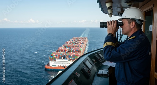 Maritime Officer Monitoring Cargo Ship on Open Ocean