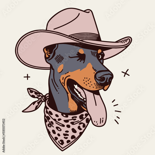 A cartoon dog wearing pink cowboy hat and leopard print. Cute Clipart Vector Illustration Line Art Illustration. .