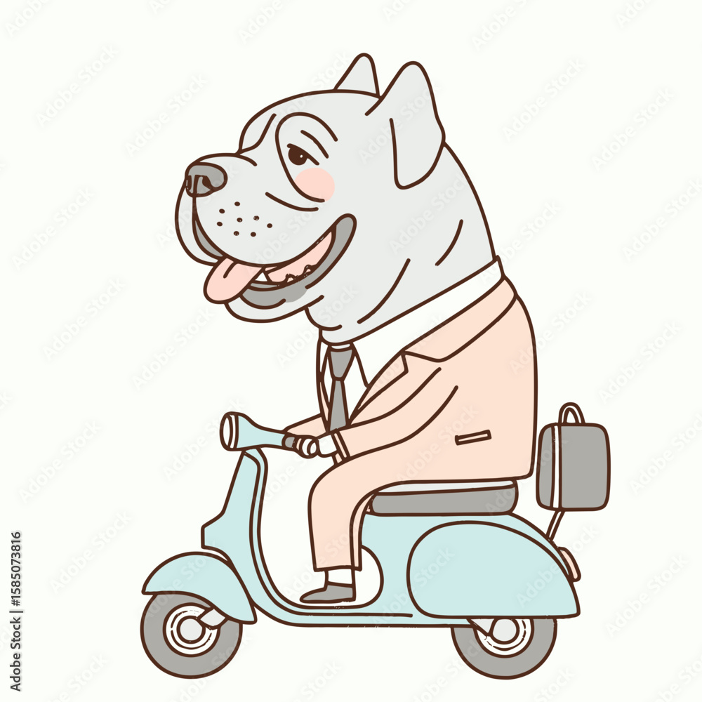 Obraz premium A cartoon dog wearing suit and tie is riding a. Cute Clipart Vector Illustration Line Art Illustration. An animated canine in formal apparel goes atop vehicle for transport.