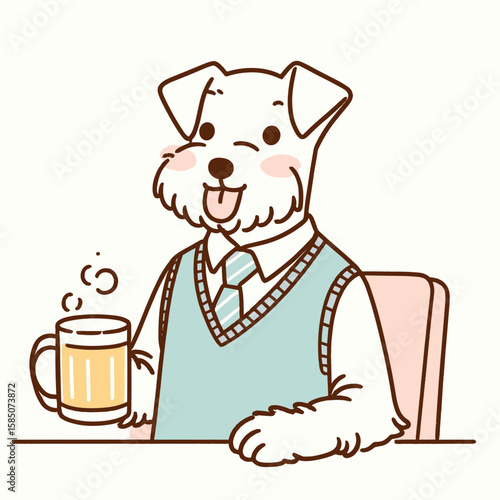 A cartoon dog wearing tie and vest is sitting at a. Cute Clipart Vector Illustration Line Art Illustration. Comical canine with necktie waistcoat posing one particular spot.