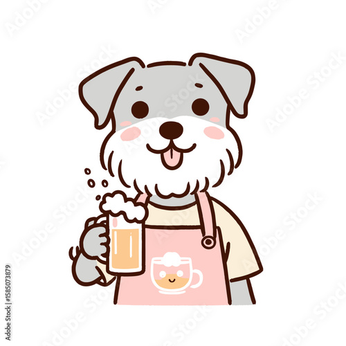 A cartoon dog wearing an apron and holding beer. Cute Clipart Vector Illustration Line Art Illustration. Comic canine in bib grasping ale animated pet image.