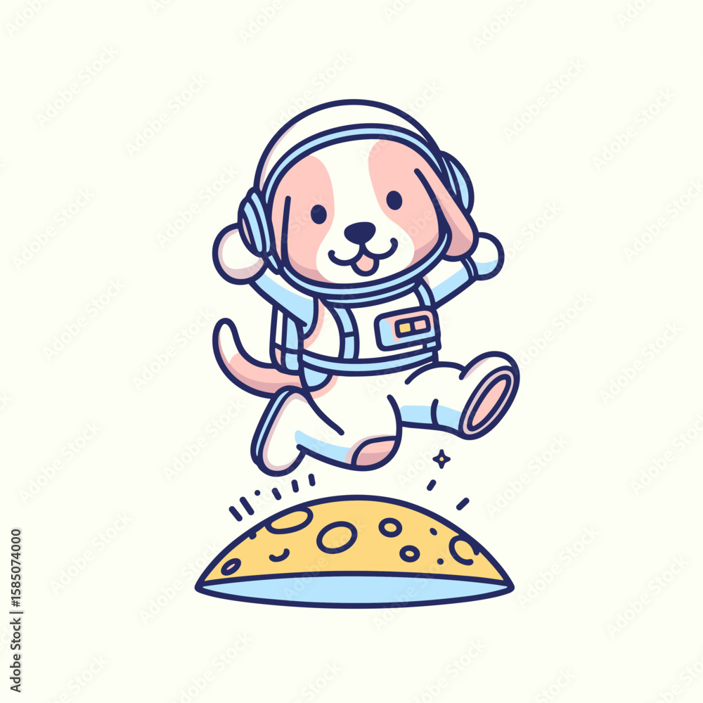 Fototapeta premium A cartoon dog wearing an astronaut suit is jumping on the moon. Cute Clipart Vector Illustration Line Art Illustration. Cosmic canine in space gear hops lunar surface fun digital.