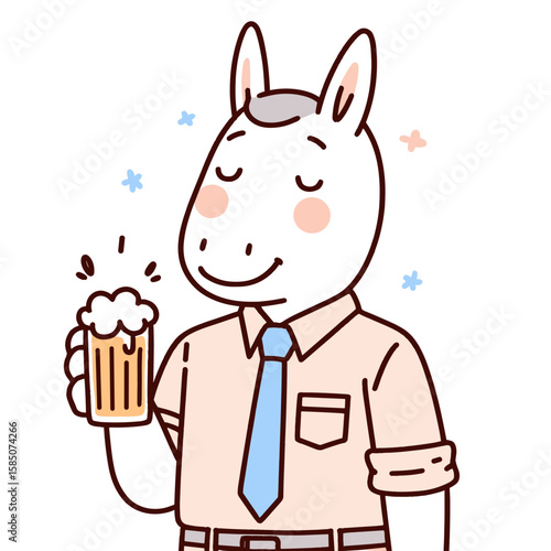 A cartoon donkey wearing tie and holding a. Cute Clipart Vector Illustration Line Art Illustration. Funny mule in formal wear gripping thing comical animal artwork.
