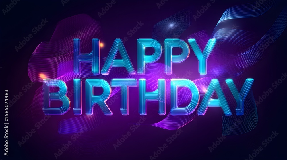 Obraz premium Happy birthday text with blue letters and purple background with light effects and swirling lines
