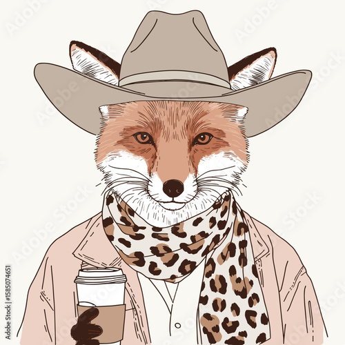 A cartoon fox wearing cowboy hat and. Cute Clipart Vector Illustration Line Art Illustration. comic canid in western headgear plus rustic background image.