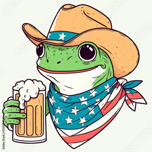 A cartoon frog wearing cowboy hat and an American flag bandana is holding beer in its. Cute Clipart Vector Illustration Line Art Illustration. Amphibian headwear neckwear grasping beverage.