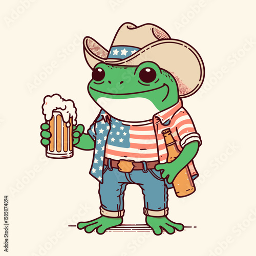 A cartoon frog wearing cowboy hat and holding a. Cute Clipart Vector Illustration Line Art Illustration. Comic amphibian in western headwear grasping one item his limb.