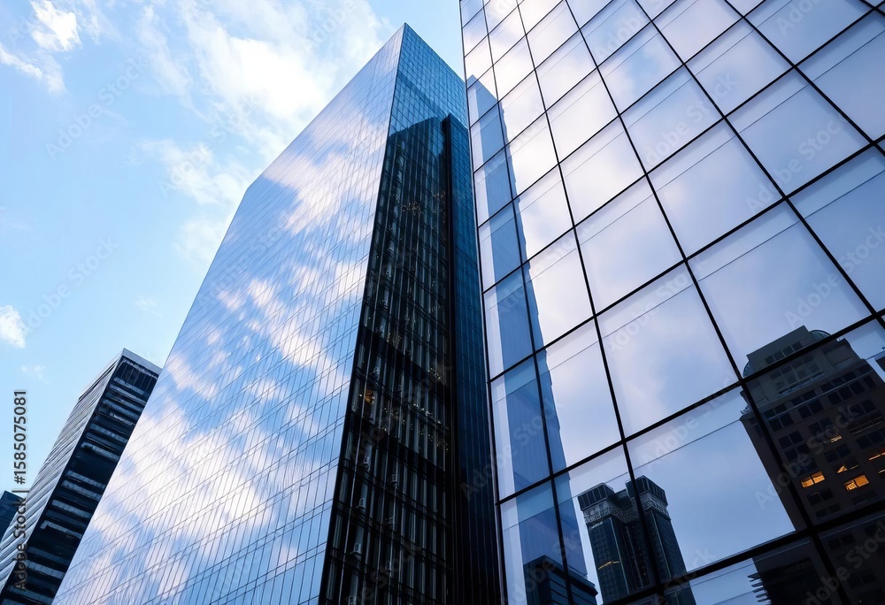 Obraz premium Sleek, modern glass and steel skyscraper facade reflecting cityscape, modern architecture, geometric