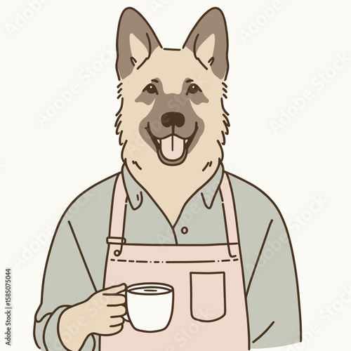 A cartoon German Shepherd dog wearing an apron and holding coffee. Cute Clipart Vector Illustration Line Art Illustration. Comical canine chef in garment grips warm beverage.