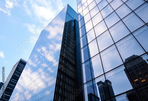 Sleek, modern glass and steel skyscraper facade reflecting cityscape,  modern architecture,  geometric