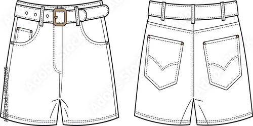 CAD drawing flat vector illustration of stylish denim shorts, front and back view apparel design, fashion garment technical sketch
