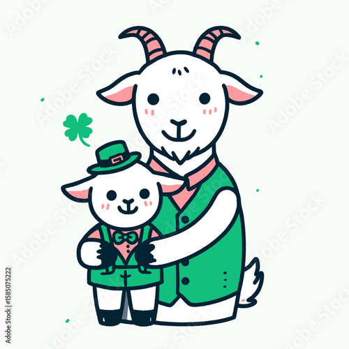 A cartoon goat and its kid wearing green suits bow ties for St Patricks. Cute Clipart Vector Illustration Line Art Illustration. comic billy offspring with emerald attire neckwear holiday.