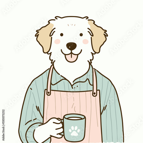 A cartoon golden retriever dog wearing an apron and holding coffee mug in its. Cute Clipart Vector Illustration Line Art Illustration. Canine artwork cheery attire gripping beverage its.