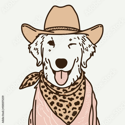 A cartoon golden retriever wearing cowboy hat and leopard print. Cute Clipart Vector Illustration Line Art Illustration. Canine in comic image donning headwear feline pattern.