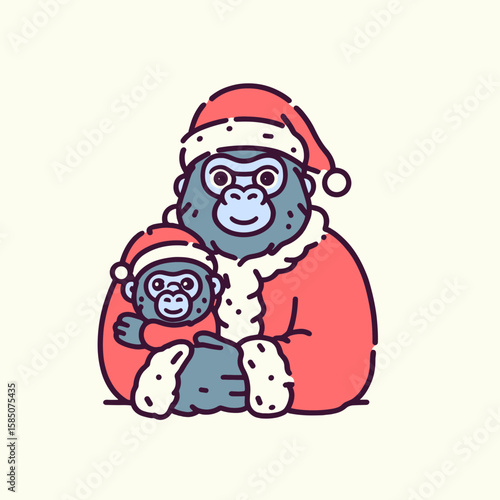 A cartoon gorilla wearing red Santa hat is holding baby in his. Cute Clipart Vector Illustration Line Art Illustration. comic ape festive headgear gripping young primate arm.