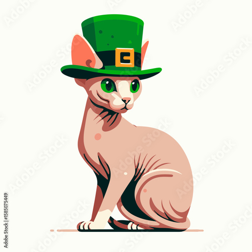 A cartoon hairless cat wearing green top hat with gold. Cute Clipart Vector Illustration Line Art Illustration. Funny naked feline in verdant cylinder chapeau having gilded decoration.