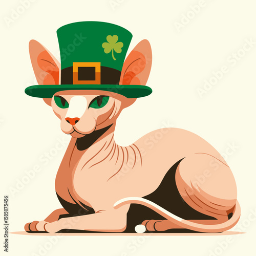 A cartoon hairless cat wearing green top hat with gold buckle and clover on the hat. Cute Clipart Vector Illustration Line Art Illustration. Silly bald feline in formal headwear plus golden.