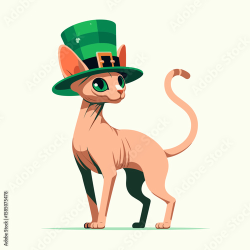 A cartoon hairless cat wearing green top hat with gold buckle and green. Cute Clipart Vector Illustration Line Art Illustration. Bald feline in drawing emerald formal headwear adornment.