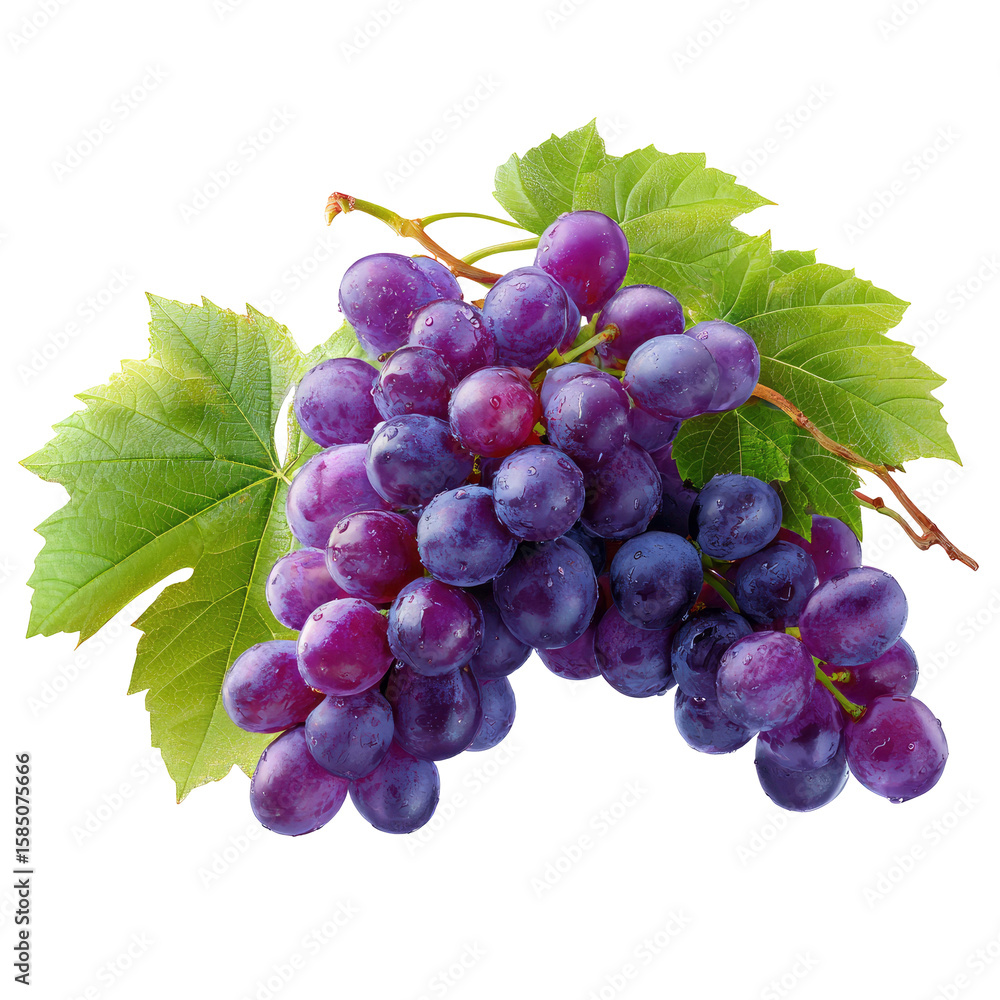 Fototapeta premium Fresh purple grapes with leaves on transparent background bunch fresh
