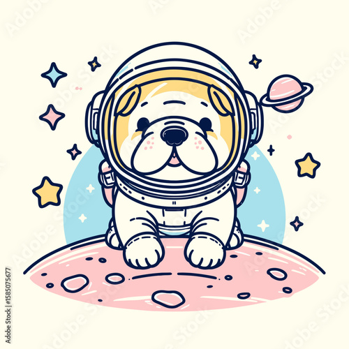 A cartoon illustration of bulldog wearing an astronaut helmet and sitting on pink. Cute Clipart Vector Line Art Illustration. Comical drawing pooch with doing cosmos ride atop rose platform.
