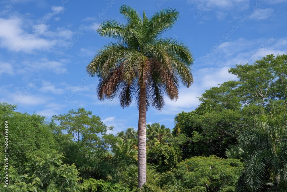 Obraz premium Majestic palm tree reaches towards a bright blue sky filled with wispy clouds