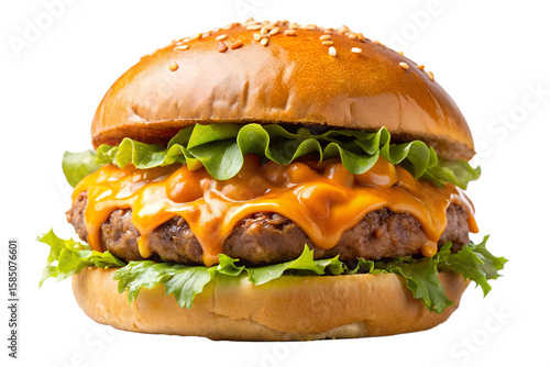 Photo of a juicy beef burger with melted cheddar cheese and fresh lettuce, isolated on transparent background