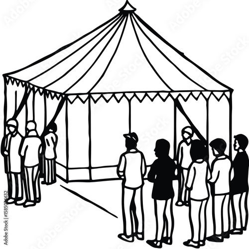 Vector art of a group of people standing in front of a large tent
