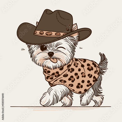 A cartoon illustration of Yorkshire Terrier winking and wearing cowboy hat leopard print. Cute Clipart Vector Line Art Illustration. Comical drawing Yorkie pooch making face donning.