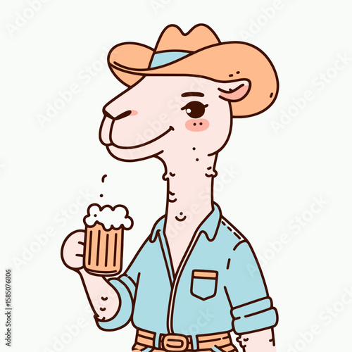A cartoon llama wearing cowboy hat and drinking beer. Cute Clipart Vector Illustration Line Art Illustration. Comic alpaca in western headwear enjoys beverage image.