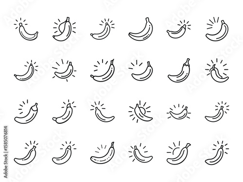 Banana Icons Collection - Vector Line Art Fruit Symbols for Food Design, Health Apps, Nutrition Graphics, Organic Food Branding, Grocery Store Materials, and Dietary Website Elements