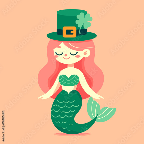 A cartoon mermaid wearing green top hat with gold buckle and four leaf. Cute Clipart Vector Illustration Line Art Illustration. Comical ocean maiden in emerald headwear golden clasp clover.