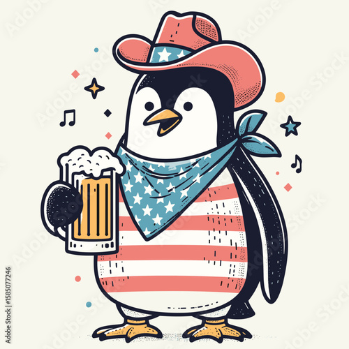 A cartoon penguin wearing red cowboy hat and bandana with American flag. Cute Clipart Vector Illustration Line Art Illustration. Comical flightless bird in scarlet western headwear stars.