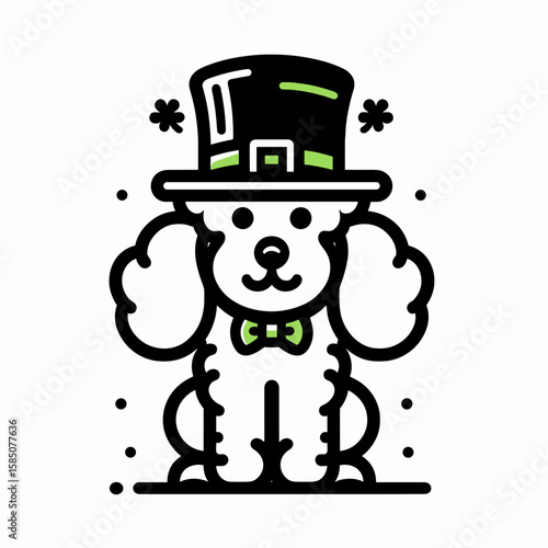 A cartoon poodle wearing green top hat and bow. Cute Clipart Vector Illustration Line Art Illustration. Animated canine in formal headgear ribbon chartreuse upper garment.